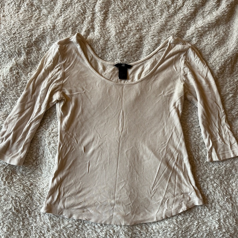 H&M Ribbed Off-White Shirt 3/4 Sleeves Size Small